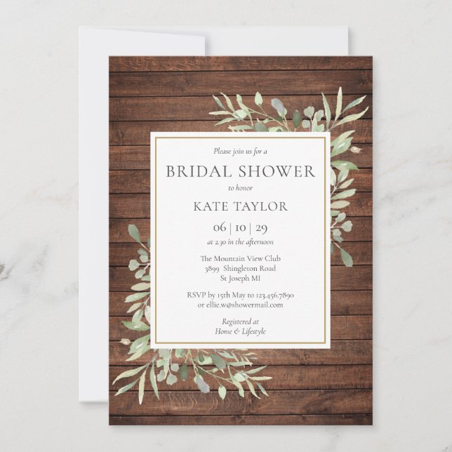 Invitación Lluvia de Boda Greenery Acuarela de Madera Rústica (Anverso)