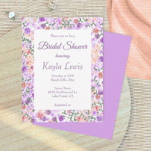 Invitación Lluvia de Boda Lila y Floral de Melocotón con Bord