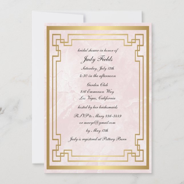Invitación Lluvia de Boda Mármol Rosa Geométrico Dorado (Anverso)