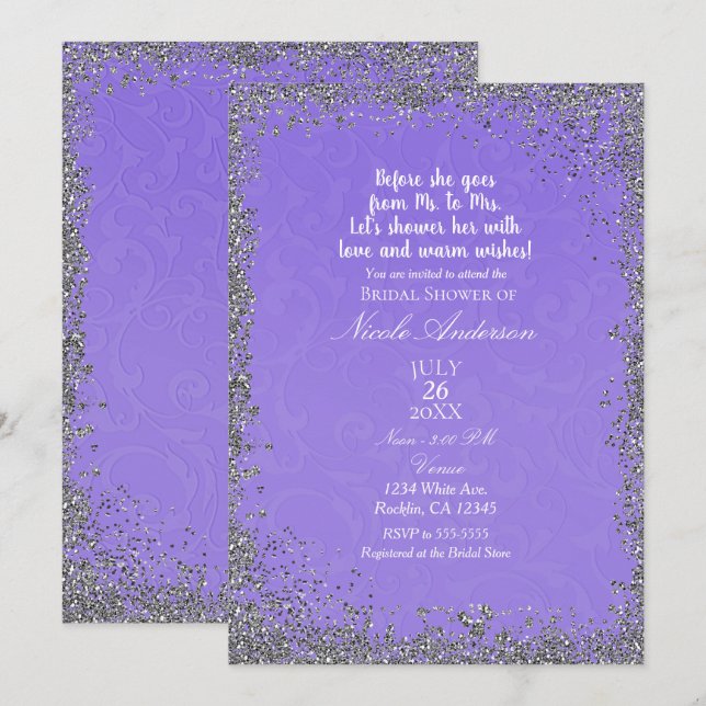 Invitación Lluvia de Boda Moderna con Textura Morada y Brillo (Anverso / Reverso)
