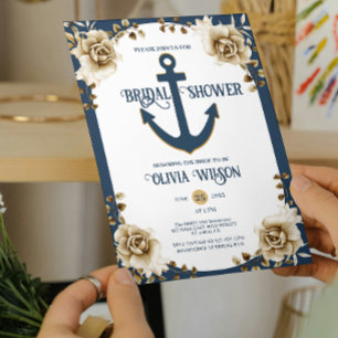 Invitación Lluvia de boda náutica ancla azul dorado floral 