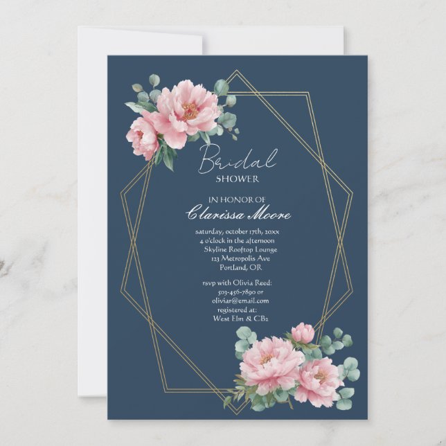 Invitación Lluvia de Boda Navy Blush Peonía Marco Dorado (Anverso)