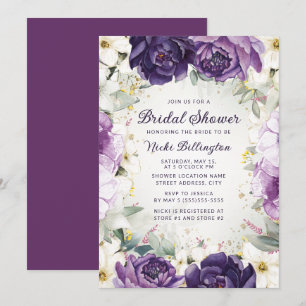 Invitación Lluvia de Boda Romántica Morada Blanca con Brillo