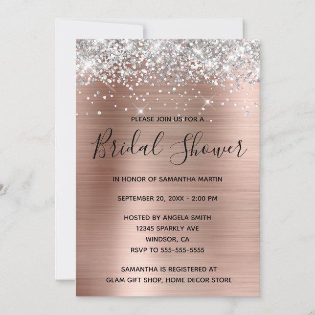 Invitación Lluvia de Boda Rosa Dorado con Brillo de Plata (Anverso)