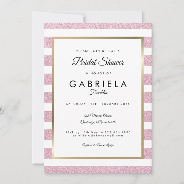 Invitación Lluvia de Boda Rosa Glitter Stripe (Anverso)