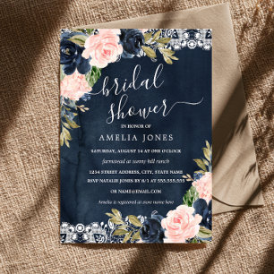 Invitación Lluvia de Boda Rosa Naval Floral Encaje Rústico