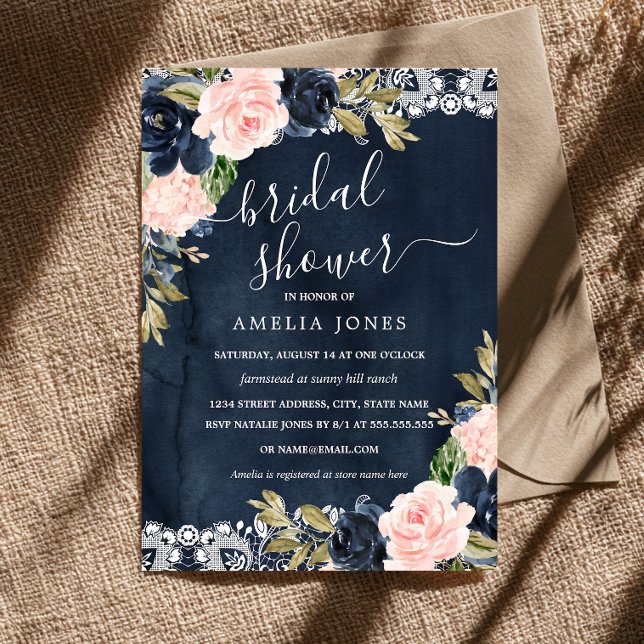 Invitación Lluvia de Boda Rosa Naval Floral Encaje Rústico (Subido por el creador)