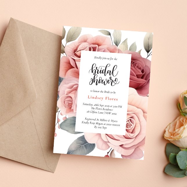 Invitación Lluvia de Boda Rosa Rosado Rústico Hojas Verdor (Rustic pink rose greenery leaves invitation creates a warm, romantic bridal shower tone)
