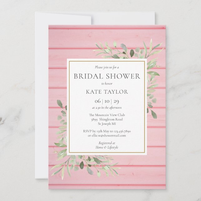 Invitación Lluvia de Boda Rosa Rubor Madera Rústica Vegetació (Anverso)