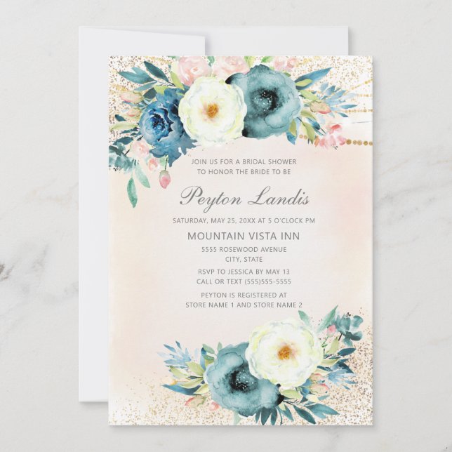 Invitación Lluvia de boda rosa turquesa y blanco con brillo (Anverso)