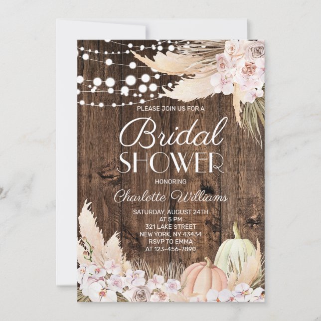 Invitación Lluvia de boda rústica boho con hierba de pampas (Anverso)