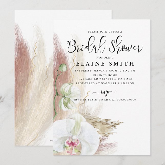 Invitación Lluvia de Boda Rústica Boho con Hierba de Pampas y (Anverso / Reverso)