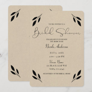 Invitación Lluvia de Boda Rústica Kraft Botánica Hoja Negra