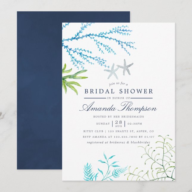 Invitación Lluvia de boda temática de algas marinas acuarela (Anverso / Reverso)
