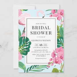 Invitación Lluvia de Boda Tropical Flamingo Rosa y Orquídeas