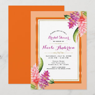 Invitación Lluvia de Boda Tropical Floral Coral Naranja y Dor