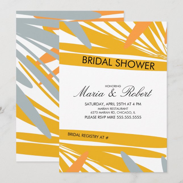 Invitación Lluvia de Boda Tropical Palma Abstracta Amarillo (Anverso / Reverso)