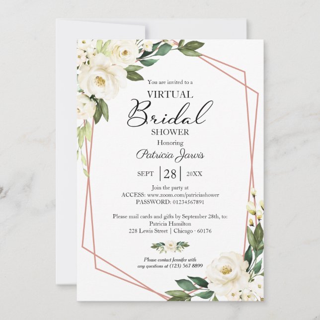 Invitación Lluvia de boda virtual floral geométrica con veget (Anverso)