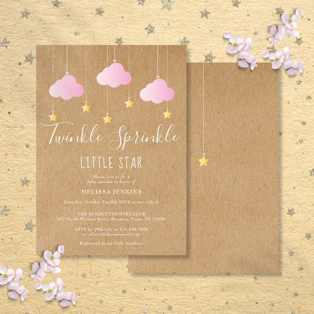 Invitación Lluvia de Brillo Baby Shower Rosa Kraft Rústico (Twinkle Sprinkle Baby Shower Pink Rustic Kraft Invitation)
