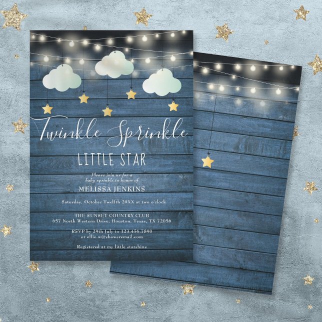 Invitación Lluvia de Brillo Estrellita Fiesta de Bebé Rústica (Twinkle Sprinkle Little Star Rustic Baby Shower Invitation)