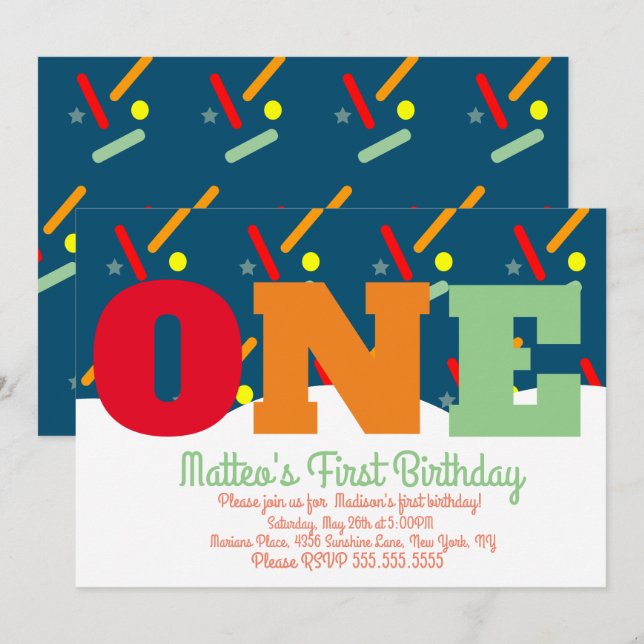 Invitación Lluvia de colores Cumpleaños colorido (Anverso / Reverso)