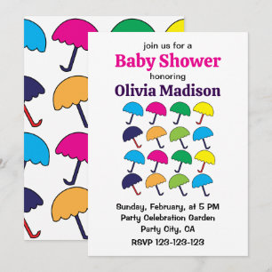 Invitación Lluvia de Colorido Paraguas Fiesta de Bebé Niña