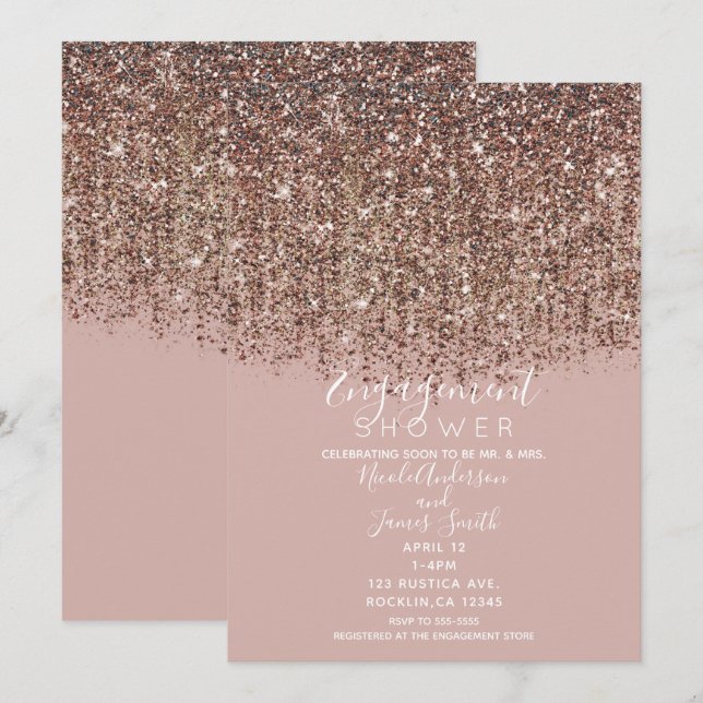 Invitación Lluvia de compromiso con brillo dorado rosa y rubo (Anverso / Reverso)