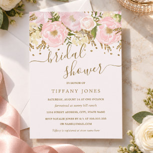 Invitación Lluvia de Confeti Floral Dorado Rubor Rosa para De