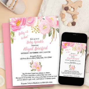 Invitación Lluvia de dulces floral rosa y dorado para bebé en