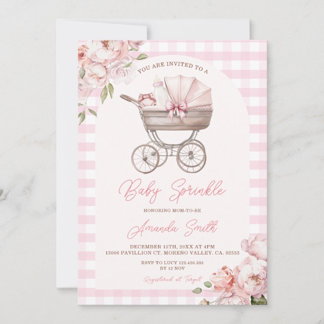 Invitación Lluvia de dulces para niña con cochecito de gingha (Anverso)