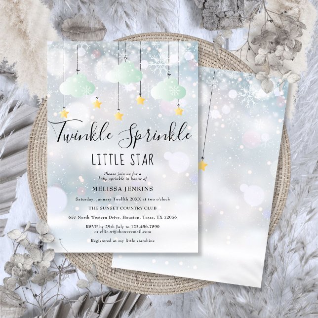 Invitación Lluvia de Estrellas Festejo de Invierno para el Be (Twinkle Sprinkle Little Star Winter Baby Shower Invitation)