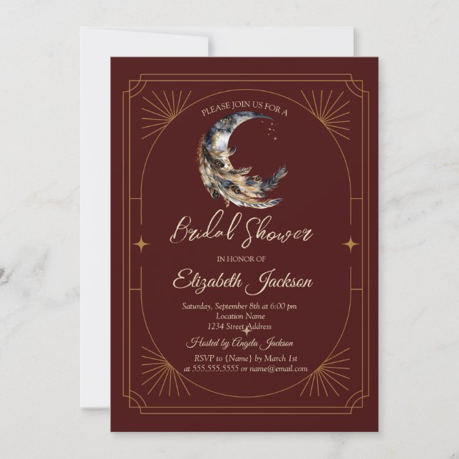Invitación Lluvia de Estrellas Plumas de Luna Rojo Oscuro Des (Anverso)