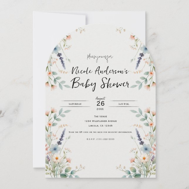 Invitación Lluvia de flores acuarela para baby shower de prim (Anverso)