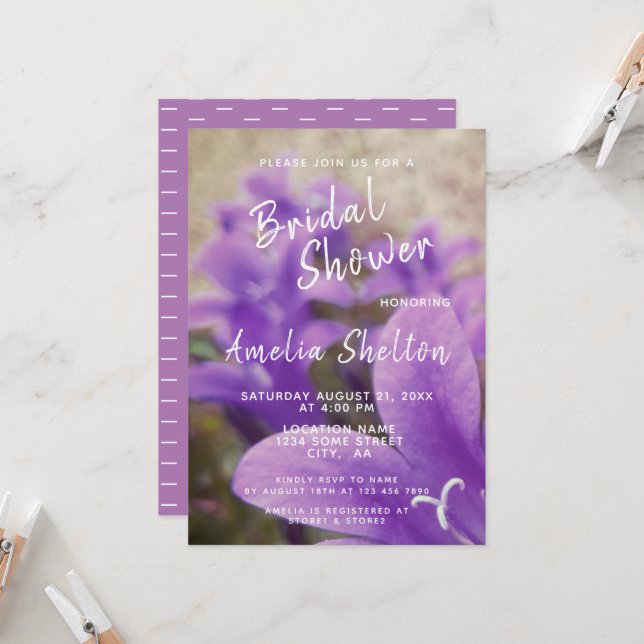 Invitación Lluvia de flores de Campanas Moradas para Boda (Anverso/Reverso In Situ)