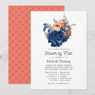Invitación Lluvia de flores de coral, azul marino y plata por