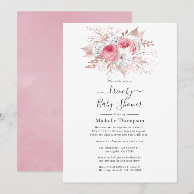 Invitación Lluvia de flores de oro rosa y rosa (Anverso / Reverso)