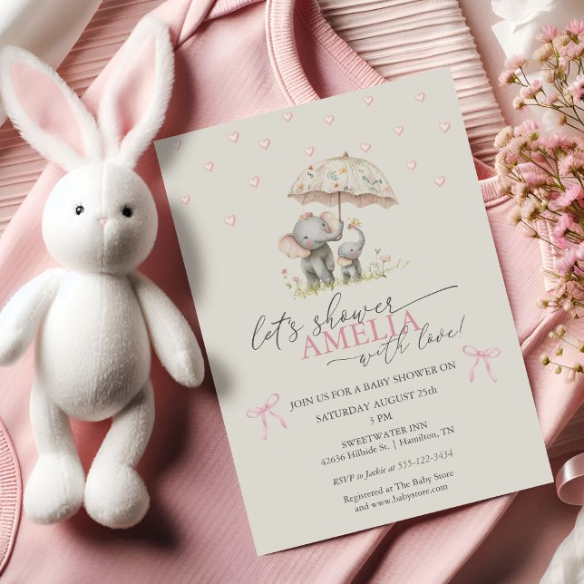 Invitación Lluvia de flores elefante niña shower (Floral Umbrella Elephant Baby Girl Shower Invitation)