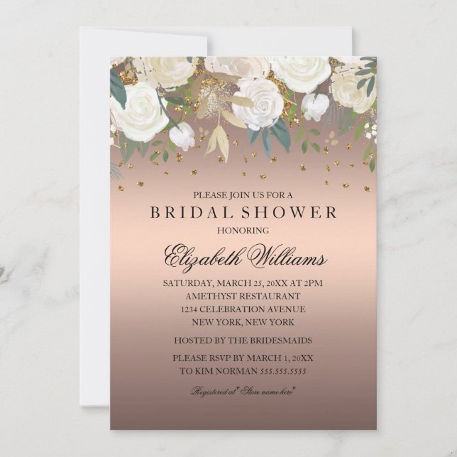 Invitación Lluvia de flores en rosa dorado para despedida de  (Anverso)