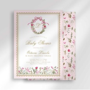 Invitación Lluvia de flores para bebé con lazo rosa monograma