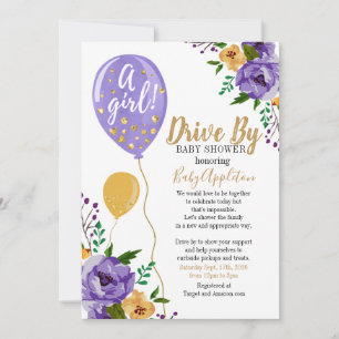 Invitación Lluvia de flores púrpura y dorada para Baby Shower
