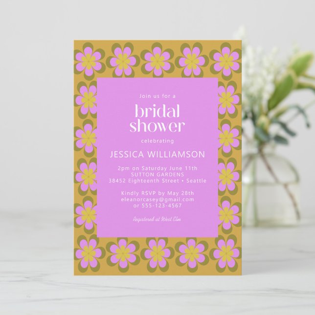 Invitación Lluvia de flores retro en rosa y amarillo para duc (Subido por el creador)