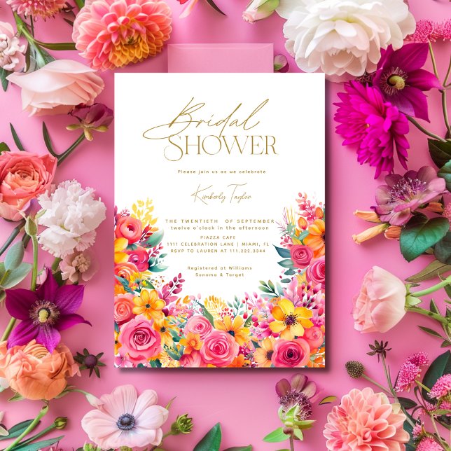 Invitación Lluvia de Flores Rosa Brillante Flores Brillantes  (Hot Pink Floral Bright Flowers Bridal Shower Invitation)