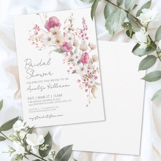 Invitación Lluvia de Flores Rosa para Boda de Novia (Wildflower Pink Floral Bridal Shower Invitation)