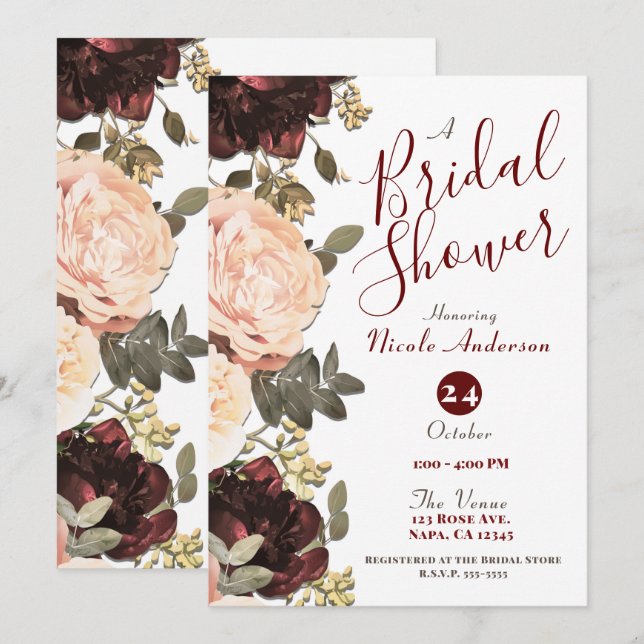 Invitación Lluvia de Flores Rosadas Granate Verde Hojas Despe (Anverso / Reverso)