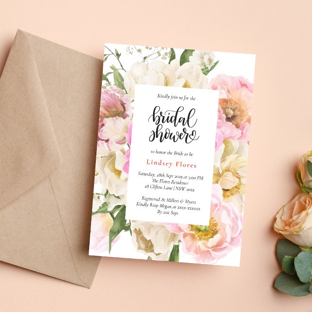 Invitación Lluvia de Flores Rosadas Rústicas para Despedida d (Rustic pink floral greenery invitation creates a warm, romantic bridal shower tone)