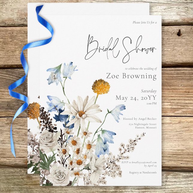 Invitación Lluvia de Flores Silvestres Azules Rústicas y Marg (Rustic Blue Wildflowers & Daisies Bridal Shower Invitation)