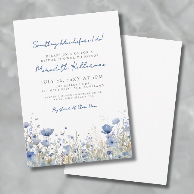 Invitación Lluvia de flores silvestres botánicas azules para  (Blue Botanical Wildflower Floral Bridal Shower Invitation)