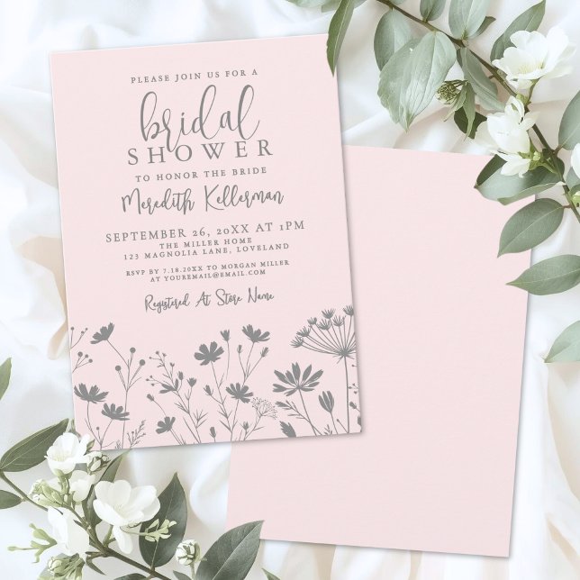 Invitación Lluvia de Flores Silvestres Rosa Sonrojo para Desp (Blush Pink Wildflower Bridal Shower Invitation)