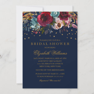 Invitación Lluvia de Glitter Floral Burgundy Azul Marino Boda