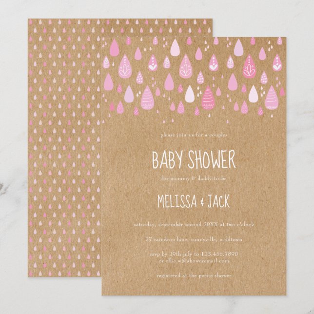 Invitación Lluvia de gotas rosadas rústicas para baby shower  (Anverso / Reverso)